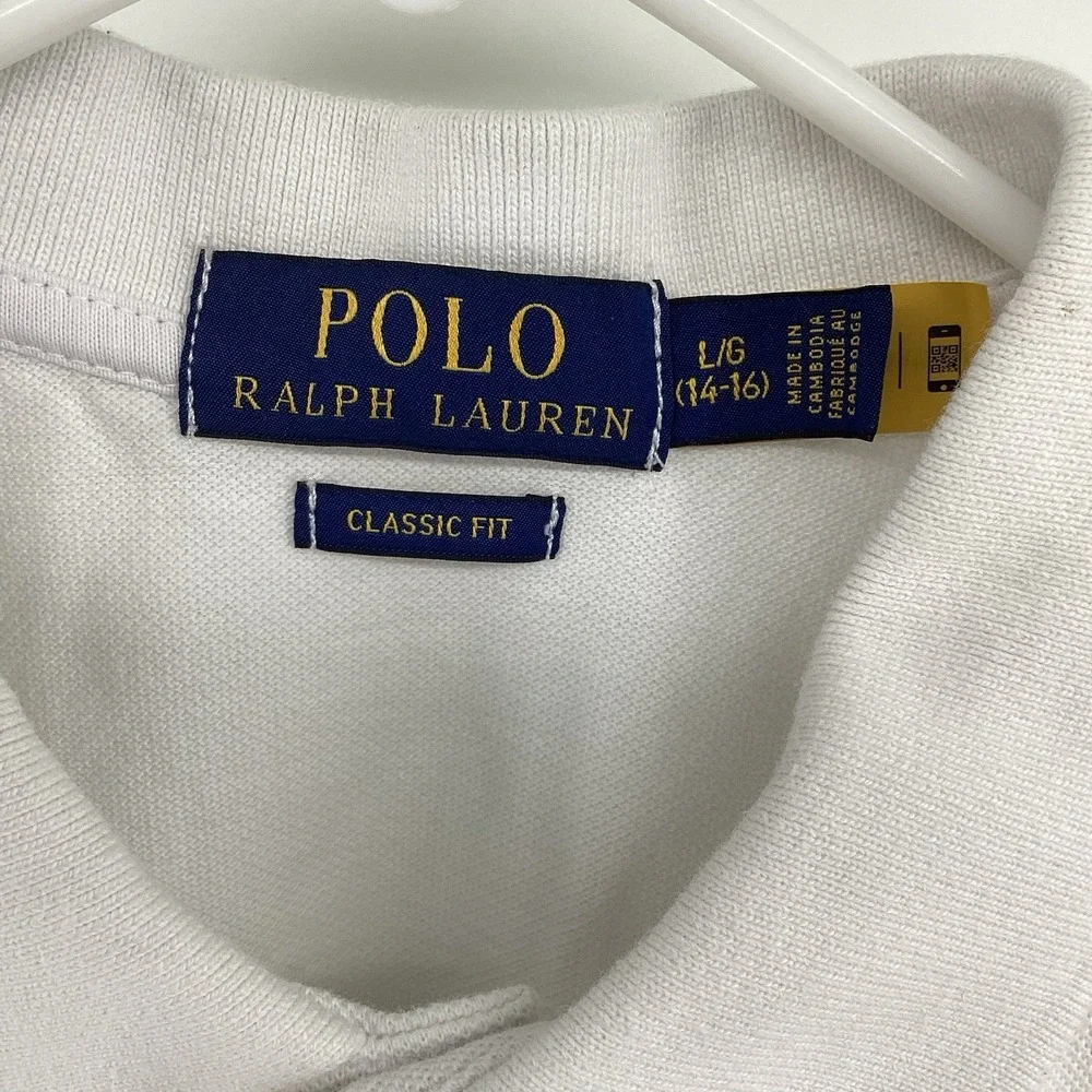 Ralph Lauren Boys White Classic Fit Short Sleeve Sport Polo Shirt Size L 14-16